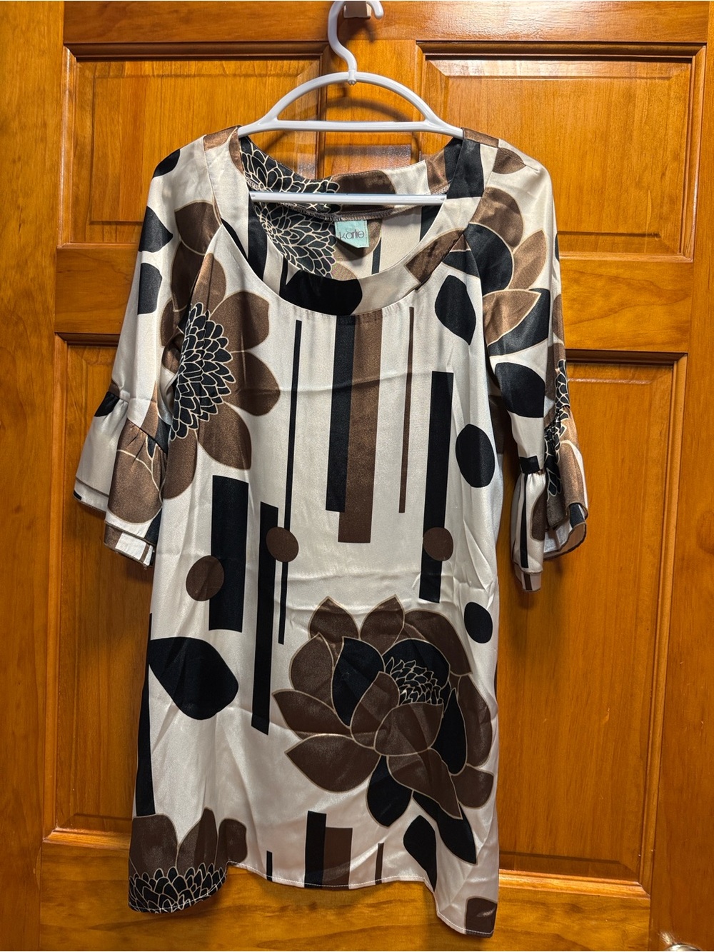 Karlie Cream Satin Shift Dress with Brown and Black Floral Print